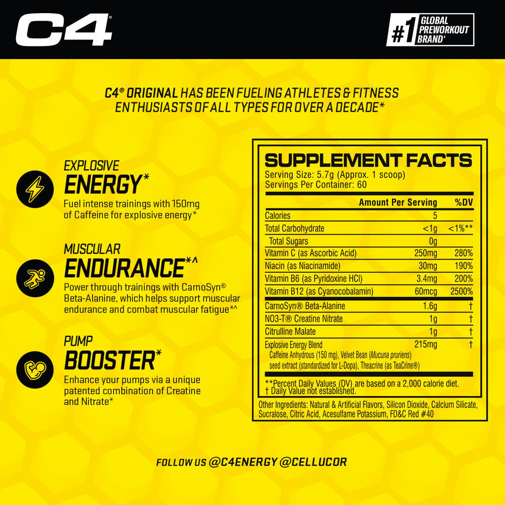C4 Original caffeine energy boost emphasizes focus during workouts.
