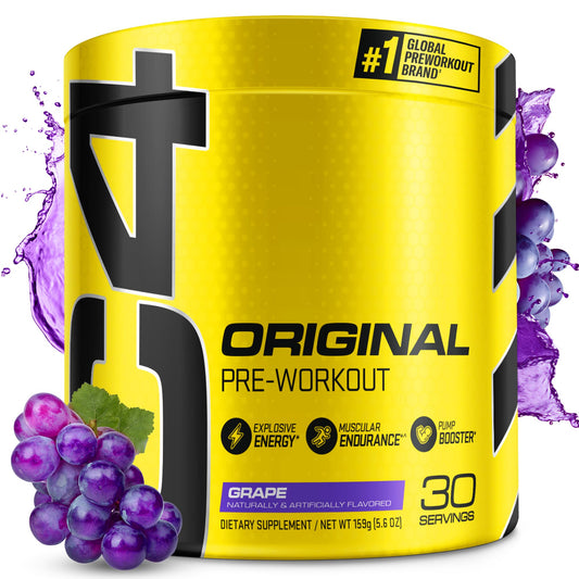 C4 Original Pre-Workout grape tub showing sugar-free energy option for workouts