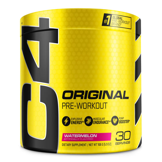 C4 Original Watermelon powder tub front showing energy-boosting formula for workouts