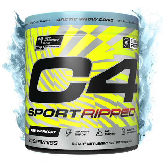 C4 Ripped Sport canister front showing brand and energy focus for pre-workout use.