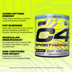 C4 Ripped Sport label closeup highlighting ingredients and NSF certification for athletes.