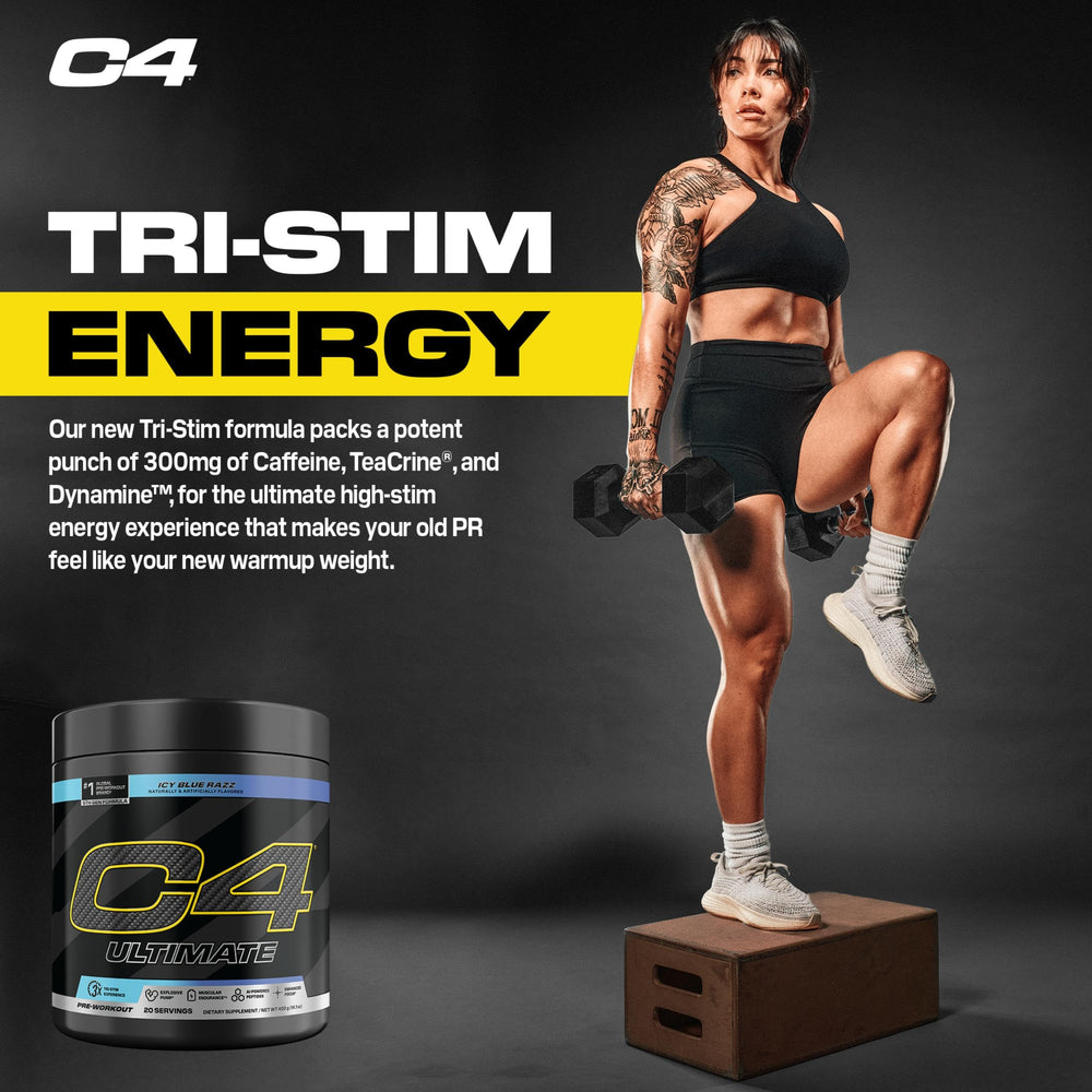 C4 Ultimate glass with ice communicates refreshing energy boost