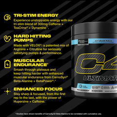 C4 Ultimate Icy Blue Raspberry tub front highlights premium pre-workout formula