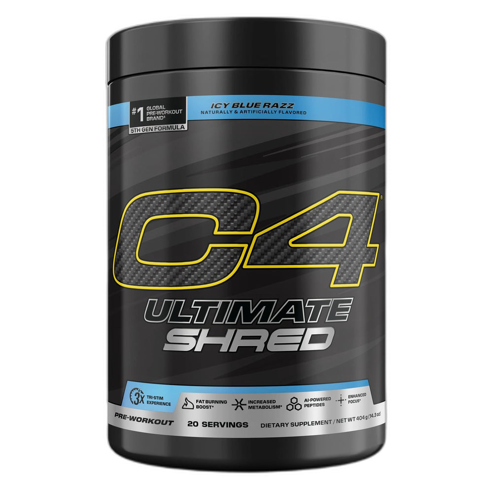 C4 Ultimate Shred powder with a scoop ready to energize your workout