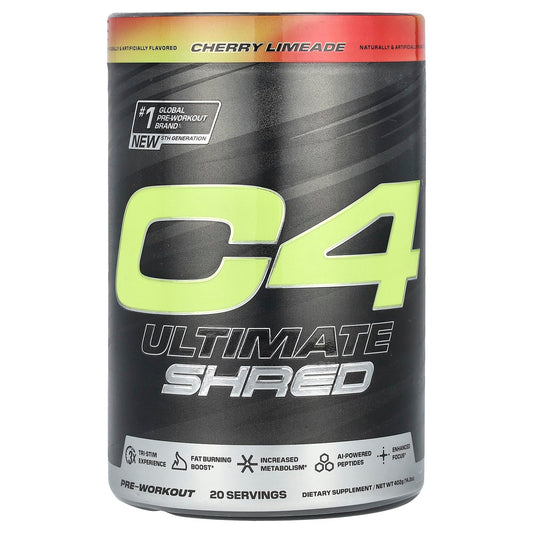 C4 Ultimate Shred tub front highlighting packaging for lean energy and focus.