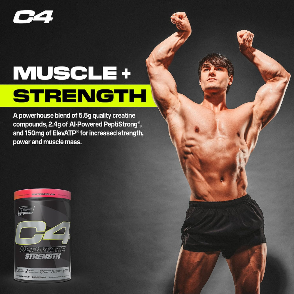 C4 Ultimate Strength bottle beside tub highlights portability and brand trust