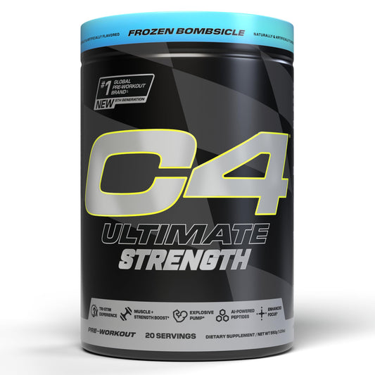 C4 Ultimate Strength pre-workout can with energy-push label for high-intensity training