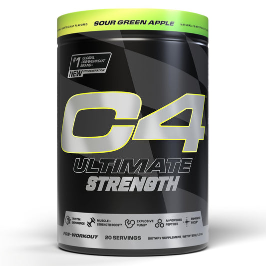C4 Ultimate Strength powder bottle front view for energized workouts