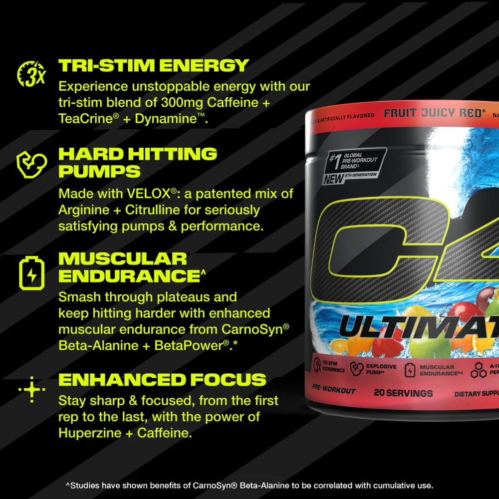 C4 Ultimate tub side label with ingredients and flavor notes