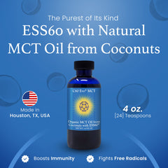 Close-up of the C60 Evo MCT oil label with ESS60 highlight