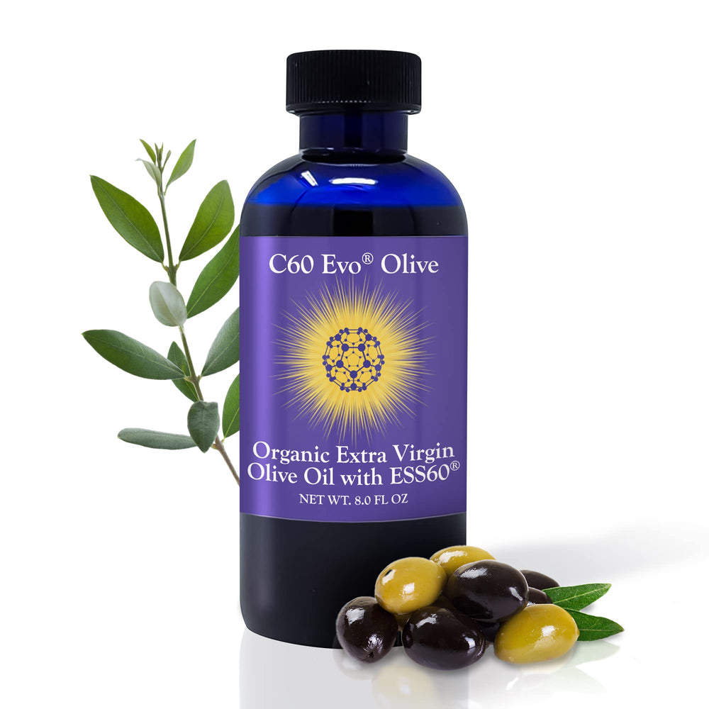 C60 Evo pure carbon 60 in olive oil bottle for daily antioxidant support.
