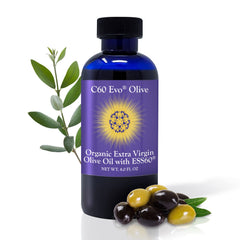 C60 Evo pure carbon 60 in olive oil bottle for daily antioxidant support.