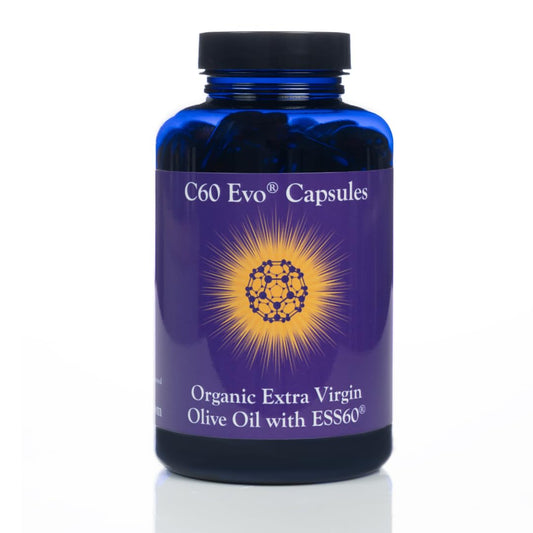 C60 Evo Pure ESS60 bottle close-up with olive oil capsules for daily antioxidant support.