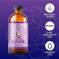 C60 Purple Power bottle close-up, promotes mental clarity with MCT oil.