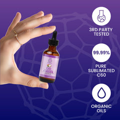 C60 Purple Power label close-up highlighting purity and organic MCT base for clean energy.
