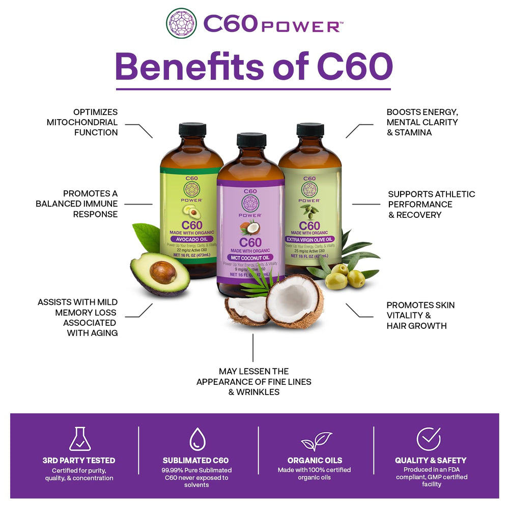 C60 Purple Power bottle label showing organic ingredients and purity.