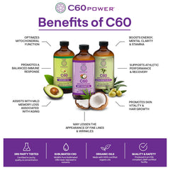 C60 Purple Power bottle label showing organic ingredients and purity.