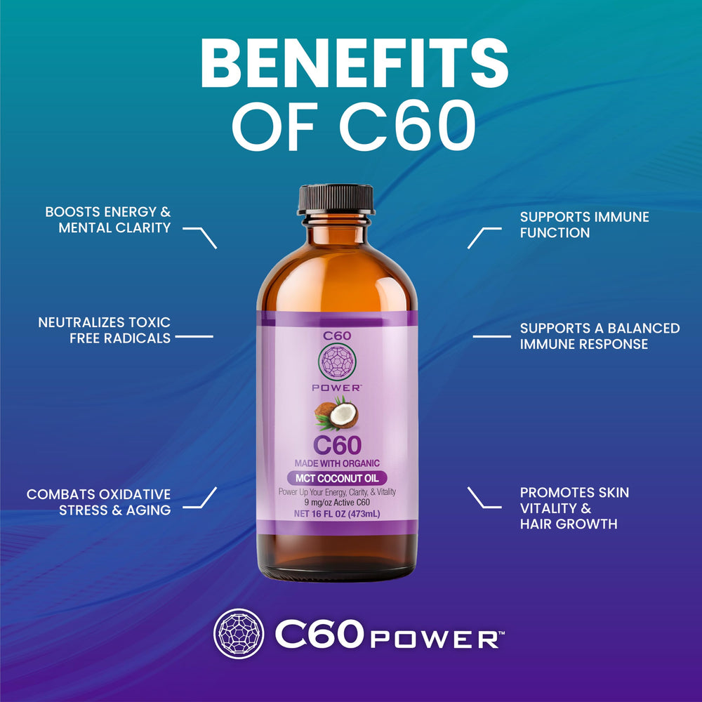 Pouring C60 Purple Power oil into glass for morning routine.