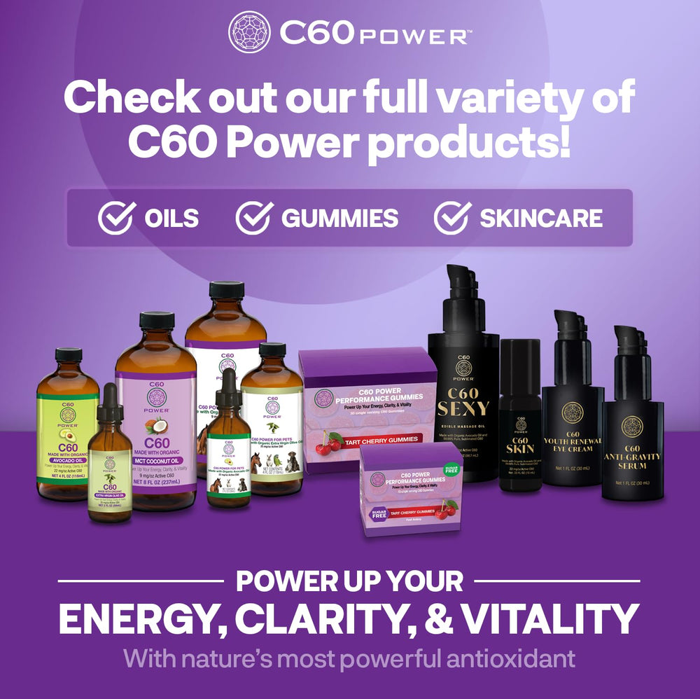 C60 Purple Power organic MCT oil bottle shows quick absorption for daily energy.