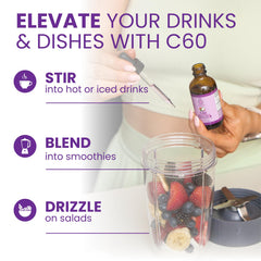 C60 Purple Power bottle beside glass of water for easy daily use.