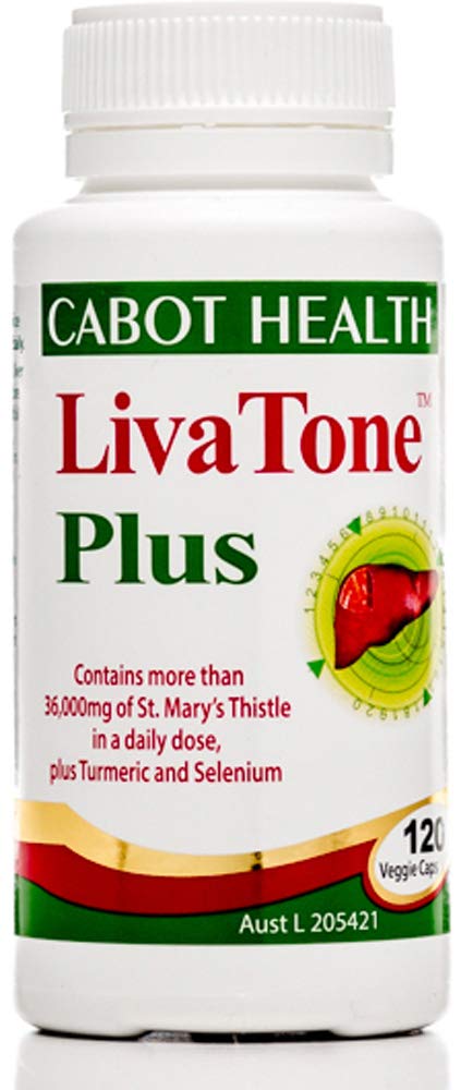Cabot Health LivaTone Plus Turmeric bottle supports liver wellness in daily routine.