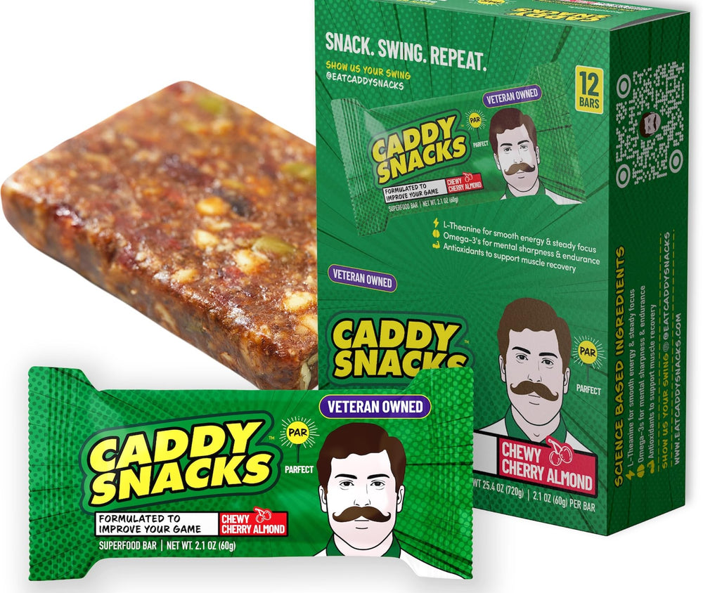 Caddy Snacks Chewy Cherry Almond bar front view highlighting portable on the go energy