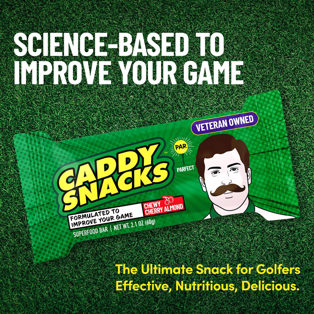 Caddy Snacks Chewy Cherry Almond bar on the golf course during play