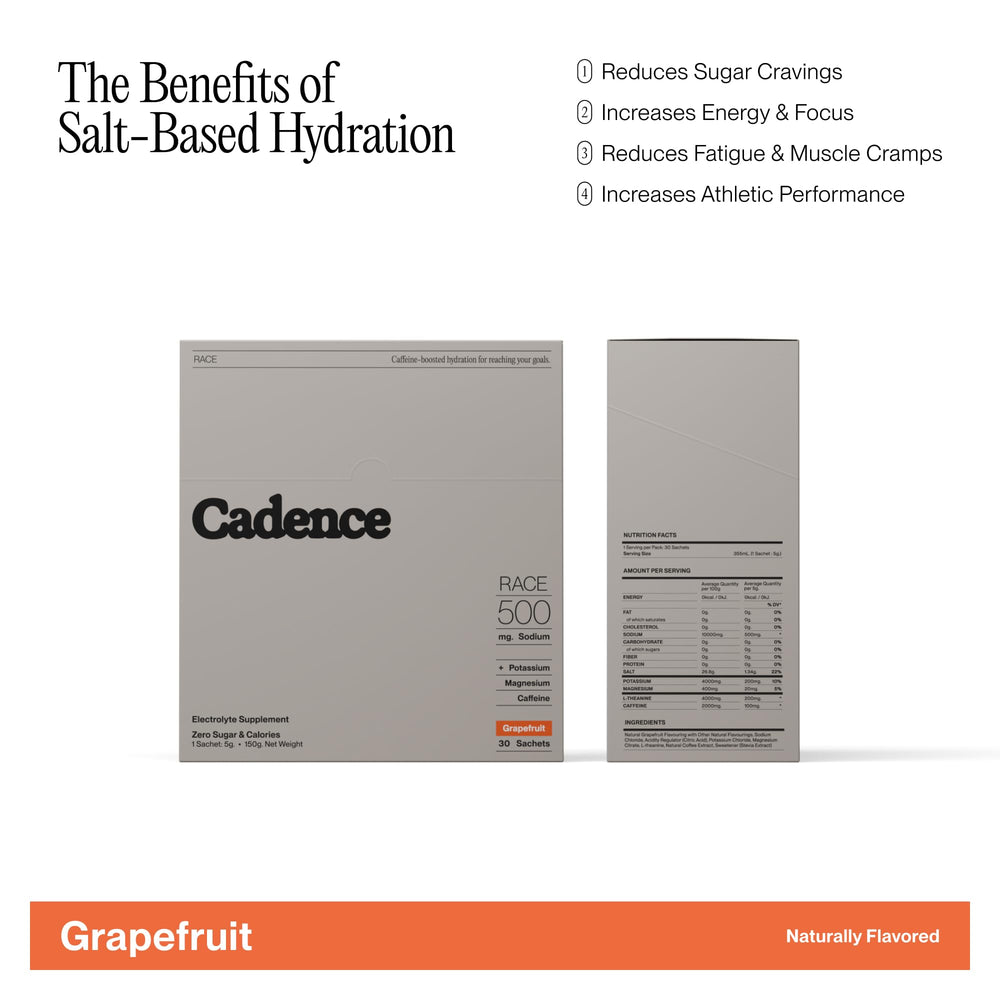 Cadence sachet being mixed with water for grapefruit hydration