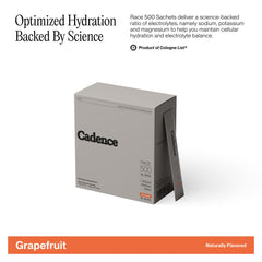 Cadence Race Energy Grapefruit sachets close-up with clean electrolyte blend