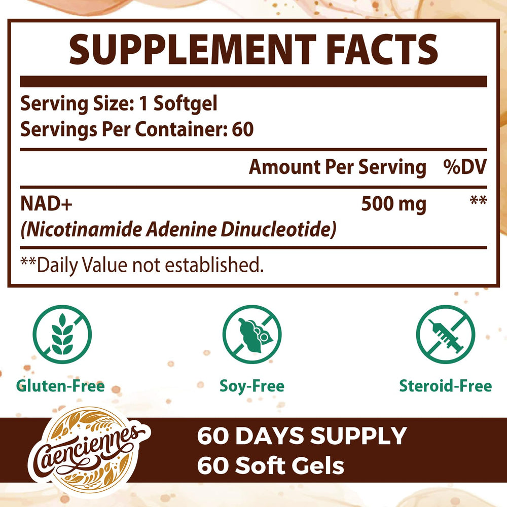 Caenciennes Liposomal NAD+ soft gels close-up showing easy-to-swallow capsules.