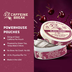 Caffeine Break Black Cherry 50mg label emphasizes strong steady caffeine per pouch