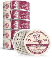 Caffeine Break Black Cherry pouch close up showing bold flavor and on the go energy