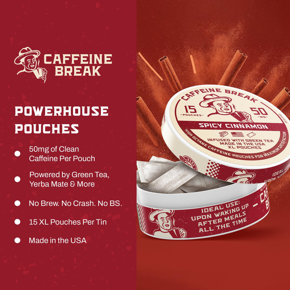 Caffeine Break spicy cinnamon pouch on a desk for focused work.