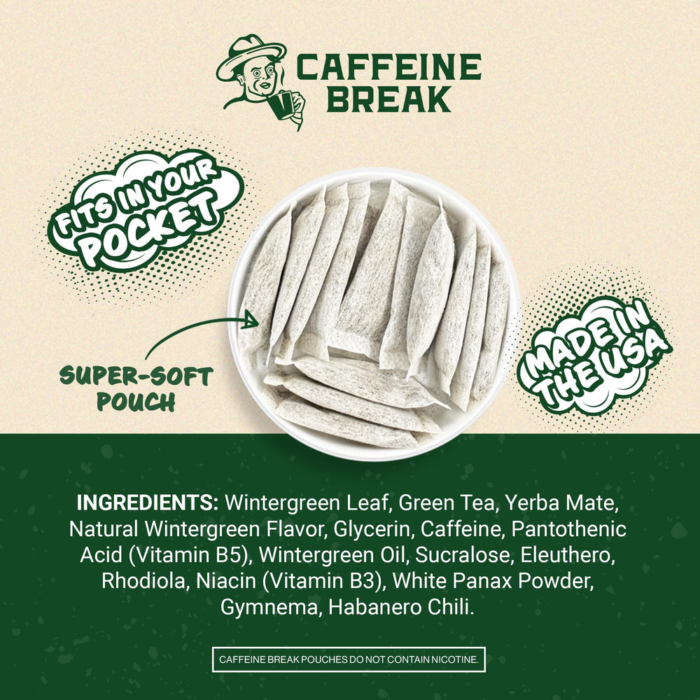 Caffeine Break Wintergreen pouch with 50 mg label emphasizes clean energy.