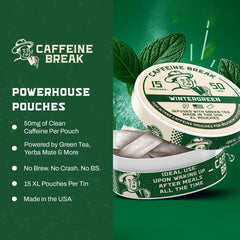 Caffeine Break Wintergreen pouch being dispensed for quick energy boost during workouts.