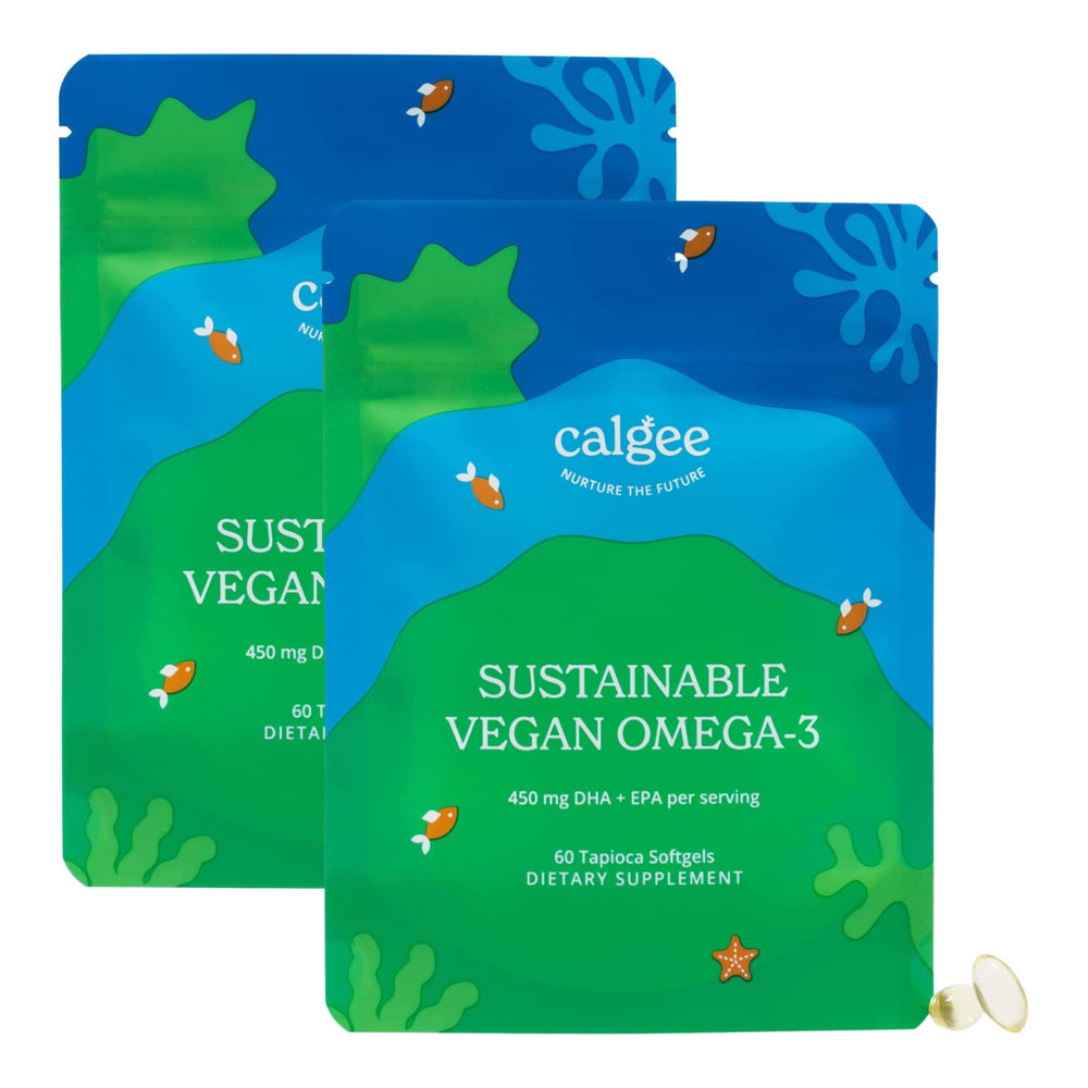 Calgee bottle front shows softgels, vegan omega-3 from algae for daily plant-based support.