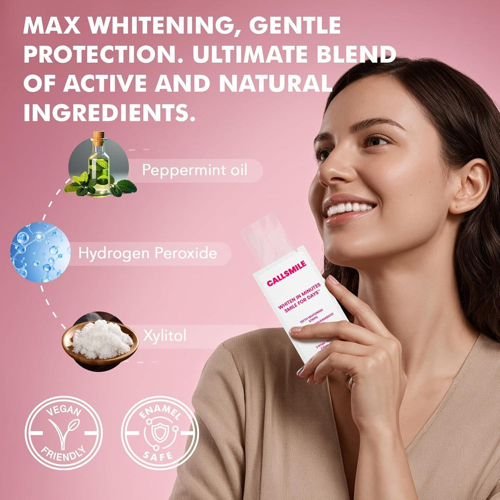 Callsmile whitening strips close up, illustrating no residue after removal.