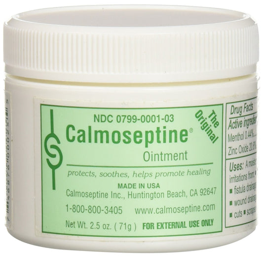 Calmoseptine diaper rash ointment jar packaging highlights six jars for easy stocking and convenience.