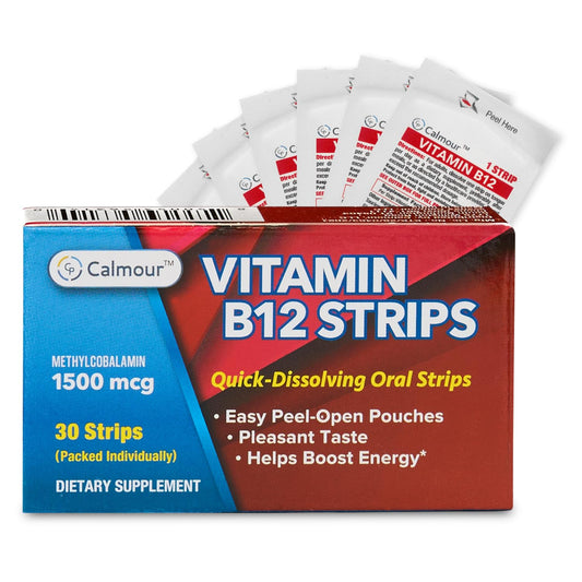 CALMOUR B12 Strips packaging shows mint flavor and vegan formula for a quick energy reminder.