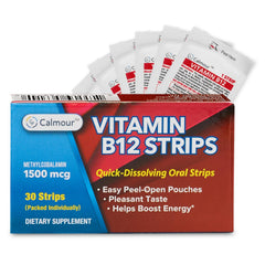 CALMOUR B12 Strips packaging shows mint flavor and vegan formula for a quick energy reminder.
