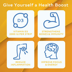 CALMOUR Vitamin D3 strip dissolves without water, simplifying daily use
