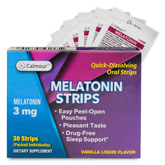 CALMOUR melatonin strip in vanilla dissolves quickly for easier sleep.