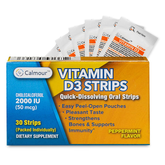 CALMOUR Vitamin D3 Strips melting on the tongue for quick, convenient daily dosing