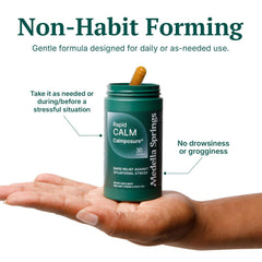 Calmposure packaged calm pills ready for daily stress relief.