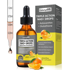 CalmSphere NADPlus drops bottle highlighting cellular energy support with citrus flavor.