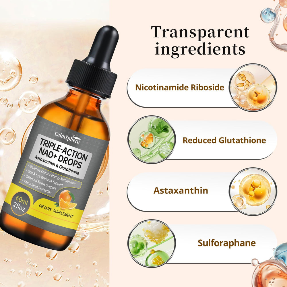 CalmSphere NADPlus drops highlight glutathione and astaxanthin ingredients for antioxidant support.