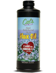 Cal's Flax Oil bottle with label highlights American flaxseed and omega-3 content