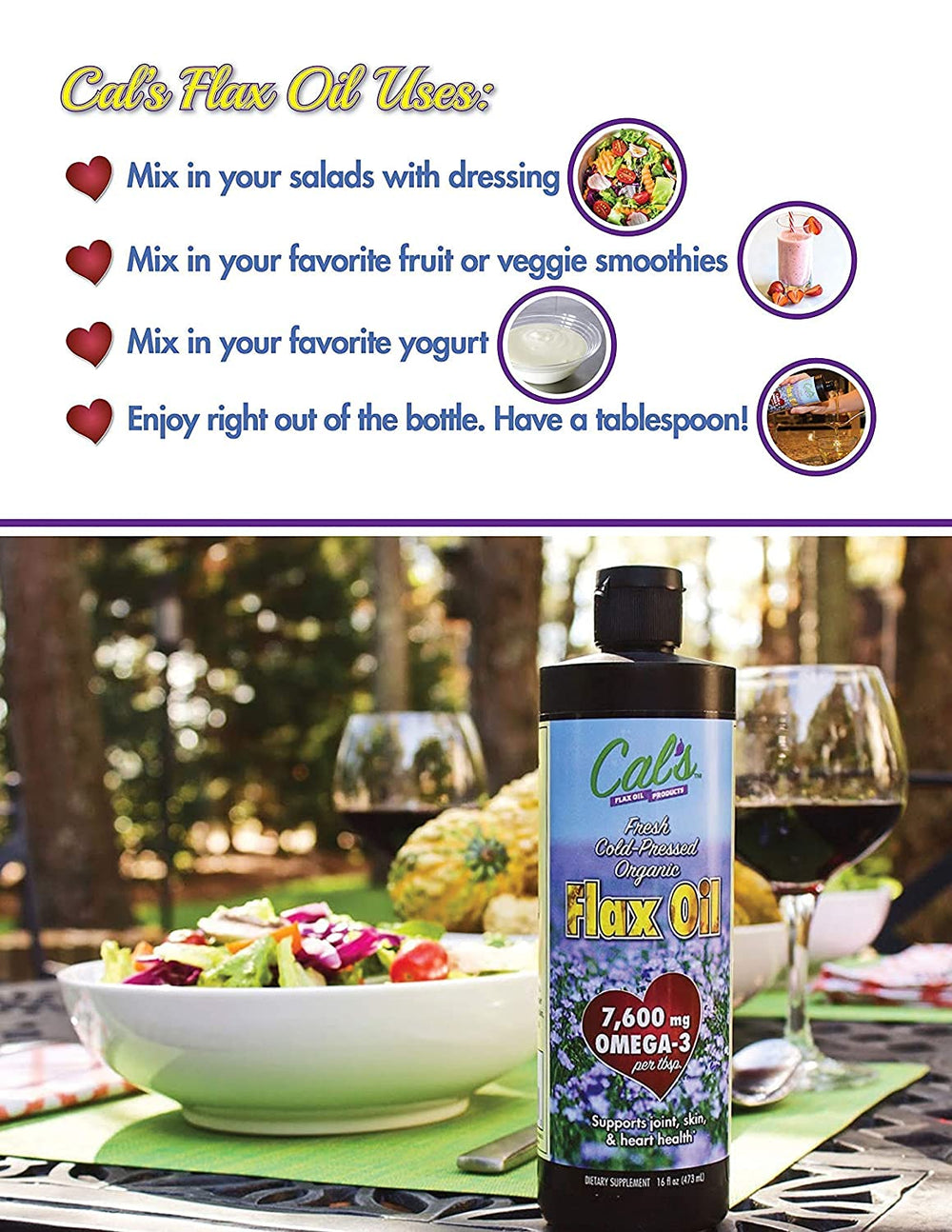Cal's Flax Oil drizzle on greens illustrates simple meal addition