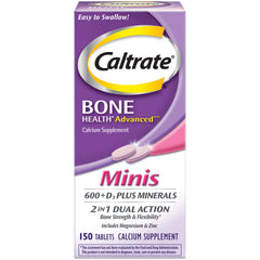 Caltrate Minis bottle front showing calcium and D3 tablets for bone support.