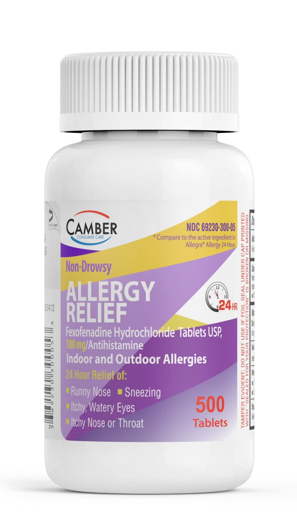 Camber Pharmaceuticals Camber 24 Hrs fexofenadine bottle front label indicating all-day indoor and outdoor relief.